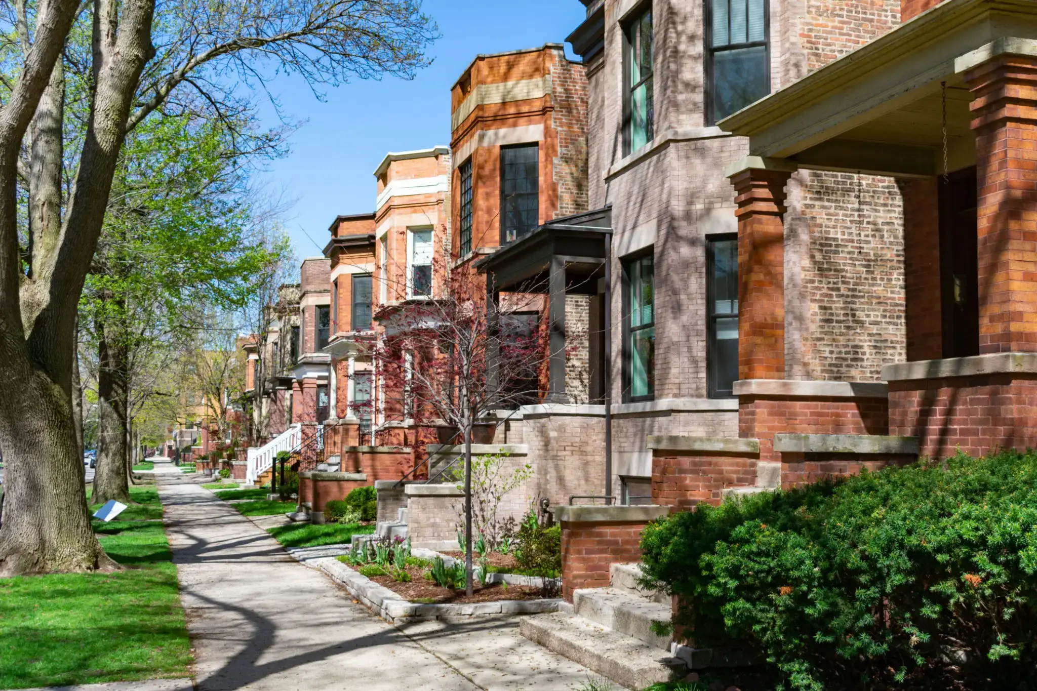 Row of classic brownstone houses lining a tree-lined sidewalk.